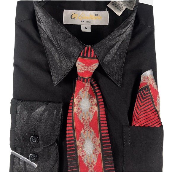Gian Mario Boys Black Dress Shirt Red Black Gold Tie Hanky Set Size 6 - Picture 2 of 3